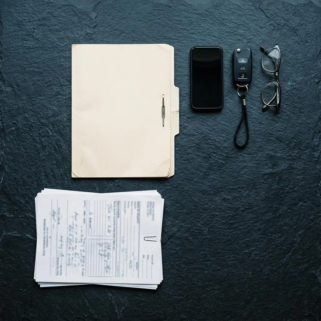 Documents, a phone and keys laid out on a dark surface