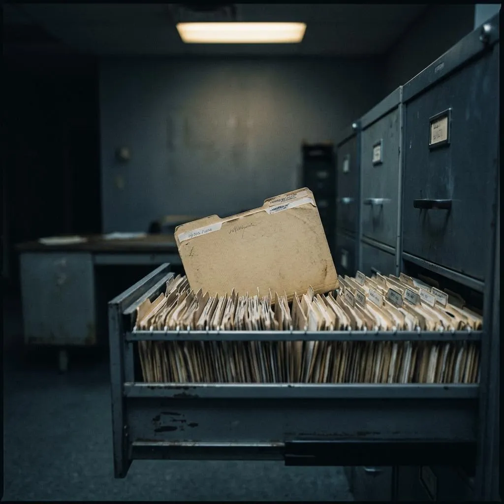 A closed file drawer in low light