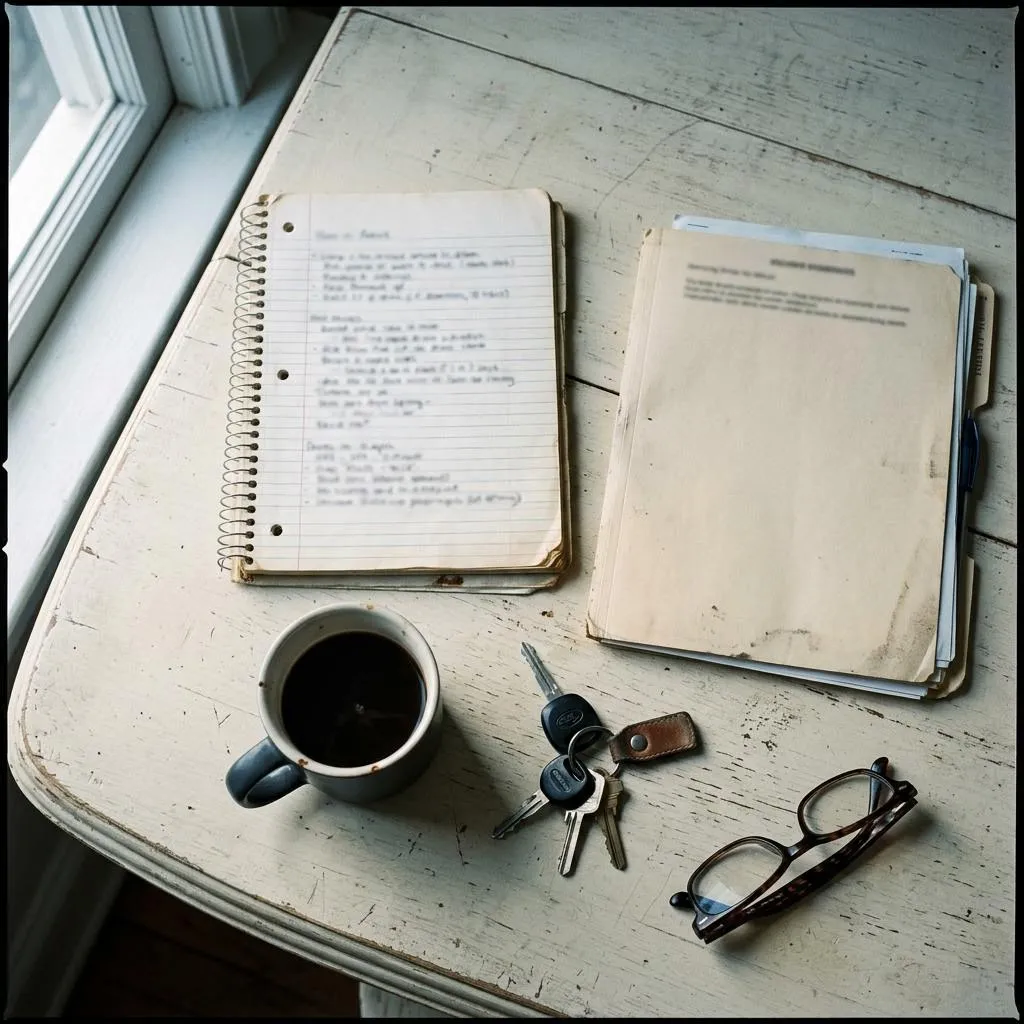 Una libreta, carpeta, taza de café, llaves y lentes sobre una mesa