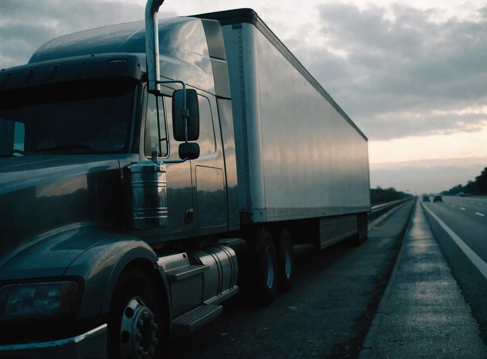 A tractor trailer on an open highway in flat daylight, with no crash or damage