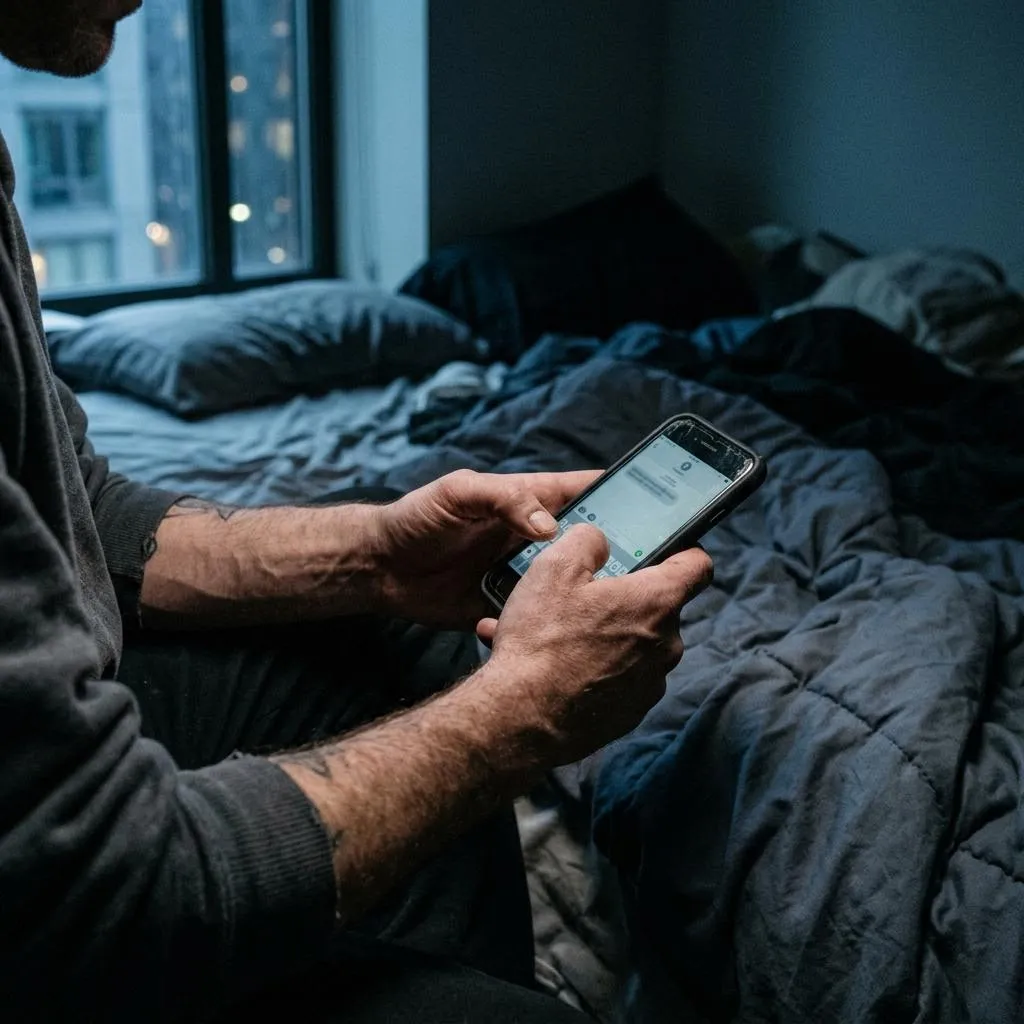 A person's hands texting on a phone at night